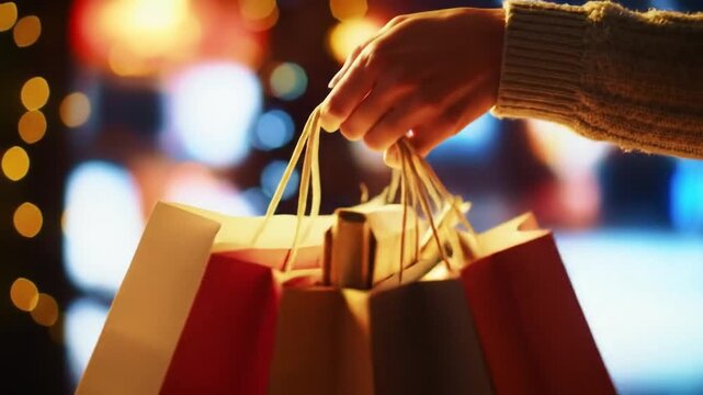 Woman carrying shopping bags with bokeh lights during Christmas shopping