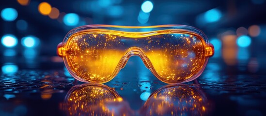 Goggles reflecting vibrant city lights at night.