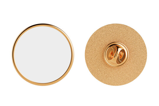 Golden Metal Badge Pin. Blank Circle Silver Lapel Pin Mockup With Safety Clasp Front And Back Views. 3d Rendering