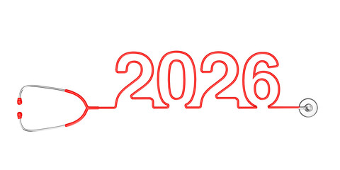 Red Stethoscope Tubing Forming New 2026 Year Sign. 3d Rendering