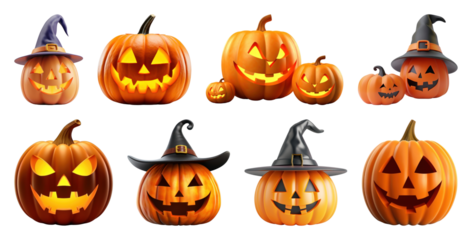 PNG Halloween pumpkins with witch hats, element set on transparent background