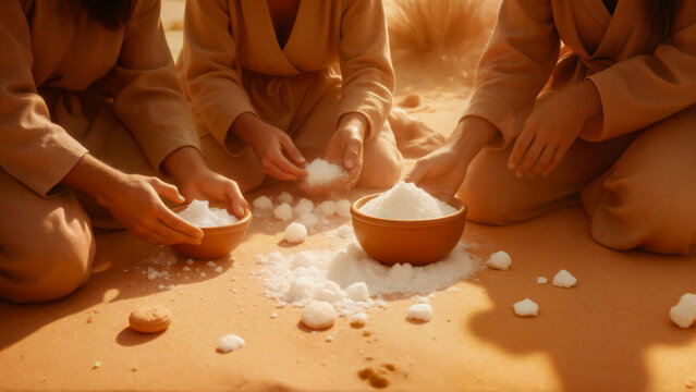 Ancient biblical depiction of manna from heaven being gathered in the desert