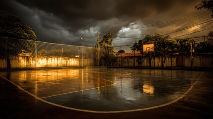 Stormy night basketball court