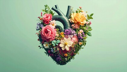 Anatomical heart with vibrant floral arrangements. It's surrounded by a colorful array of blooms, set against a serene green background