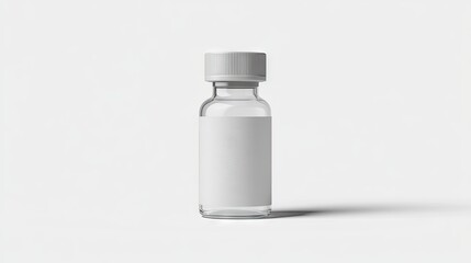 A clear glass bottle with a white cap and blank label sits on a white background, casting a subtle shadow.  It's cylindrical and appears to be small, possibly for essential oils or medication