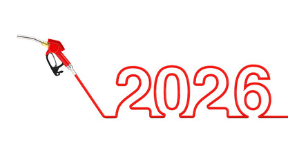 Gasoline Pistol Pump Fuel Nozzle, Gas Station Dispenser with 2026 New Year Sign. 3d Rendering