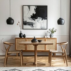 Warm dining space featuring a table flanked by two chairs, against a textured cabinet & striking black-and-white abstract artwork backdrop