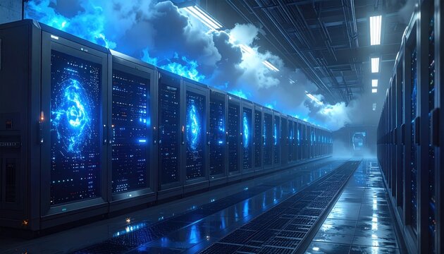 Long row of server racks in a dark room with blue lighting and stylized cloudscape effects. Metal grates are on the floor