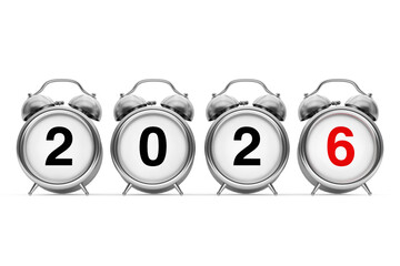 New Year and Merry Christmas Concept. Alarm Clock with 2026 New Year Sign. 3d Rendering
