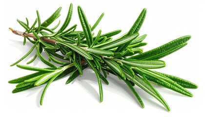 Fototapeta premium Aromatic rosemary sprig with verdant, needle-like leaves on a thin brown stem, captured against a crisp white backdrop in bright daylight