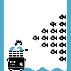 An illustration of a group of fish swimming in a symmetrical pattern next to a deep fryer, abstract design