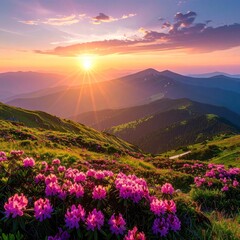 Vibrant sunset over rolling hills dotted with pink blooms, creating a serene, mountainous landscape with a warm and inviting atmosphere