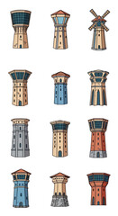 Illustration of various architectural towers, showcasing diverse designs and structural elements.