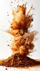 An explosion of fine brown powder erupts upwards against a bright white background, forming a dynamic, abstract cloud-like shape