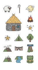Collection of colorful illustrations depicting various outdoor elements and objects, suitable for design.