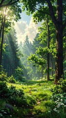 Obraz premium A lush, green forest scene with sunlight filtering through tall trees, illuminating a path overgrown with grass and small white flowers