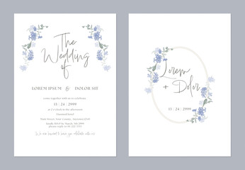 Wedding invitation and save the date template set with a minimalist design and soft, watercolor-style illustrations of Cape leadwort flowers arranged in the corners on a white background