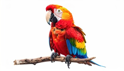 A vibrant, colorful parrot perches on a weathered branch, its plumage a mix of red, orange, yellow, and blue against a bright white backdrop