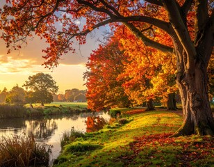 A serene river flows flanked by vibrant autumn trees, showcasing golden sunlight and colorful foliage in a picturesque, idyllic scene