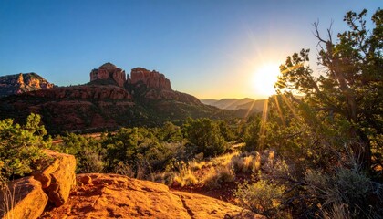 Majestic red rock formation landscape bathed in golden sunrise. Lush greenery accents a rugged, arid panorama