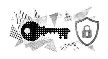 Obraz premium Black and White Key and Shield Illustration