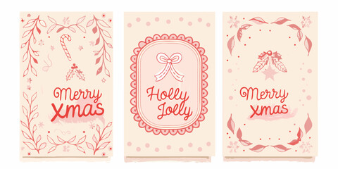 Three charming christmas greeting cards with festive illustrations and merry xmas and holly jolly messages