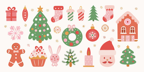 Charming collection of hand drawn christmas elements featuring santa claus gingerbread man and festive decorations