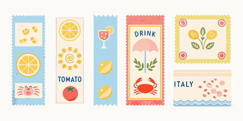 Collection of charming hand drawn italian themed stamps featuring fruits food and travel motifs