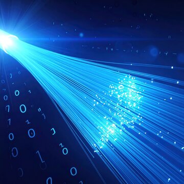 Beam of radiating light streaks across a dark blue background with scattered binary digits. Striking perspective and bright luminescence