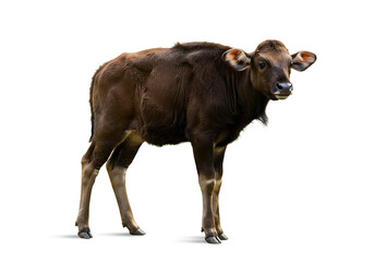 Captivating portrait of a young gaur against an elegant white backdrop, showcasing the beauty of the animal in a simple, minimalist composition and pure light.