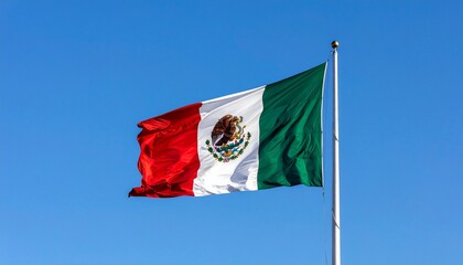 “Mexican flag flying against a clear blue sky. Features green, white, and red vertical stripes with central coat of arms—an eagle perched on a cactus holding a snake. Clean, patriotic composition symb