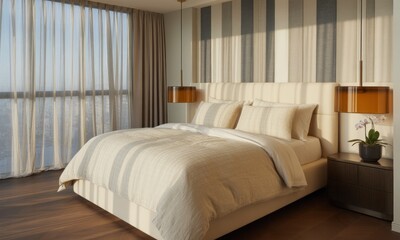 A modern bedroom with a large bed, light beige tones, and striped d?cor. Natural light streams through sheer curtains, highlighting the room's airy feel