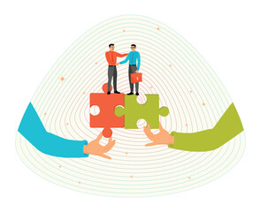 Teamwork or collaboration to success concept. Businessmen handshake connect jigsaw together.