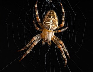 Brown spider sits centered in its delicate web against a stark, dark background, showcasing its intricate markings and hairy legs