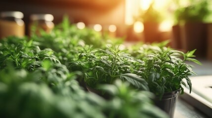Seedling Plants in Pots, Blurred Background