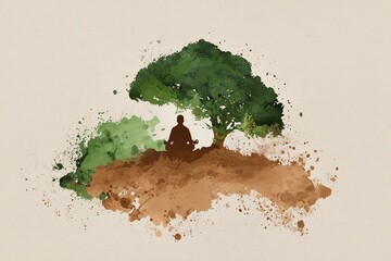 watercolor silhouette of a person meditating under a tree, green and earthy brown splashes, peaceful nature concept