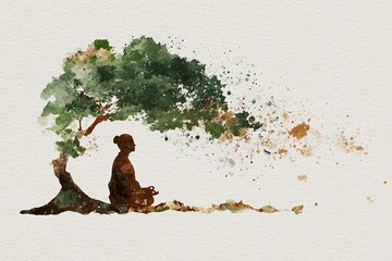 watercolor silhouette of a person meditating under a tree, green and earthy brown splashes, peaceful nature concept