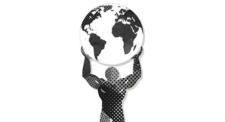 Strong Figure Holding Globe, Black and White Illustration