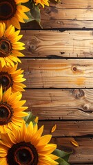 A vertical composition of bright yellow sunflowers bordering a rustic wooden plank background, with falling petals creating a warm, autumnal feel