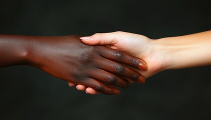 Two hands clasped in a handshake, diverse skin tones