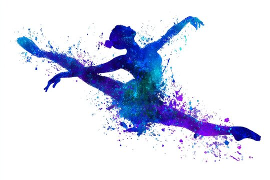 watercolor silhouette of a dancer leaping gracefully, vibrant blue and purple splashes, energetic artistic style