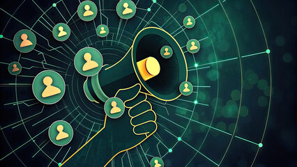 A hand with megaphone and social glow concept. A digital illustration of marketing communication through a megaphone.