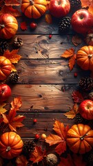 Autumnal arrangement of pumpkins, apples, cones, and fall leaves on a rustic wooden surface creates a cozy and warm Thanksgiving aesthetic