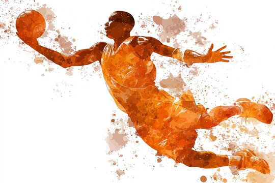watercolor silhouette of a basketball player dunking, splashes of orange and brown, energetic artistic composition - Powered by Adobe