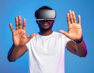 Man in white shirt wearing VR headset with hands outstretched against a vibrant gradient blue backdrop, emphasizing technology and interaction