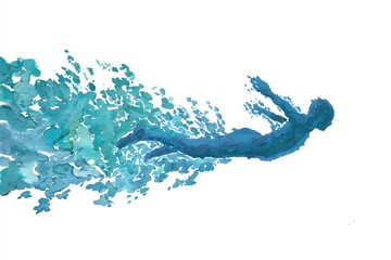 watercolor silhouette of a swimmer diving into water, splashes of turquoise and aqua blue, fluid motion style
