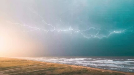 A thunderstorm rolling in over an empty coastline, dark sky, lightning in the distance, wild and foreboding atmosphere 