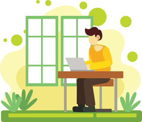 Student studying with laptop near window illustration
