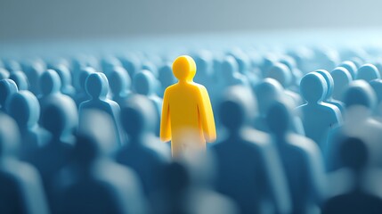 A Unique Yellow Person Standing Out from a Large Crowd of Blue Figures, Symbolizing Individuality