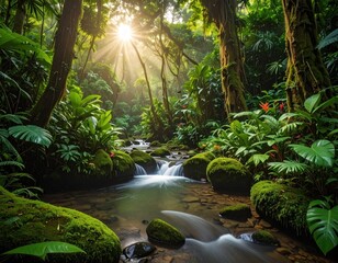 Lush tropical rainforest scene with a stream flowing over mossy rocks, illuminated by dappled sunlight piercing through the dense canopy
